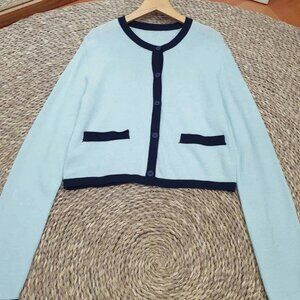 Sky Blue Navy Trim Contrast Pocket Cropped Knit Cardigan